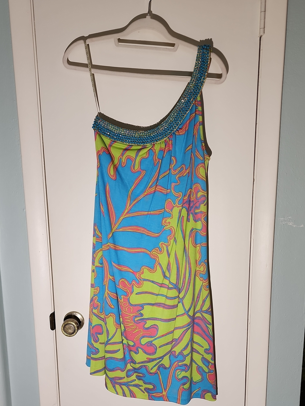 Lilly Pulitzer JUBILEE One-Shoulder Tropical Print Dress in Blue, Lime & Pink